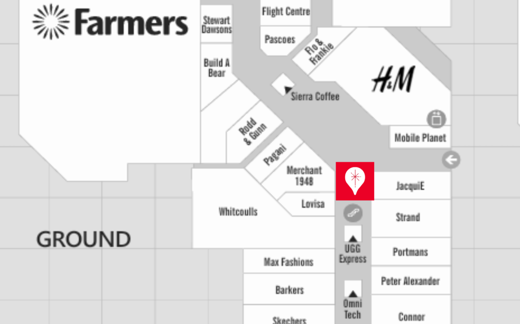 Ground-floor map showing the Giving Machine at Queensgate Shopping Centre between Jacqui E and Lovisa.